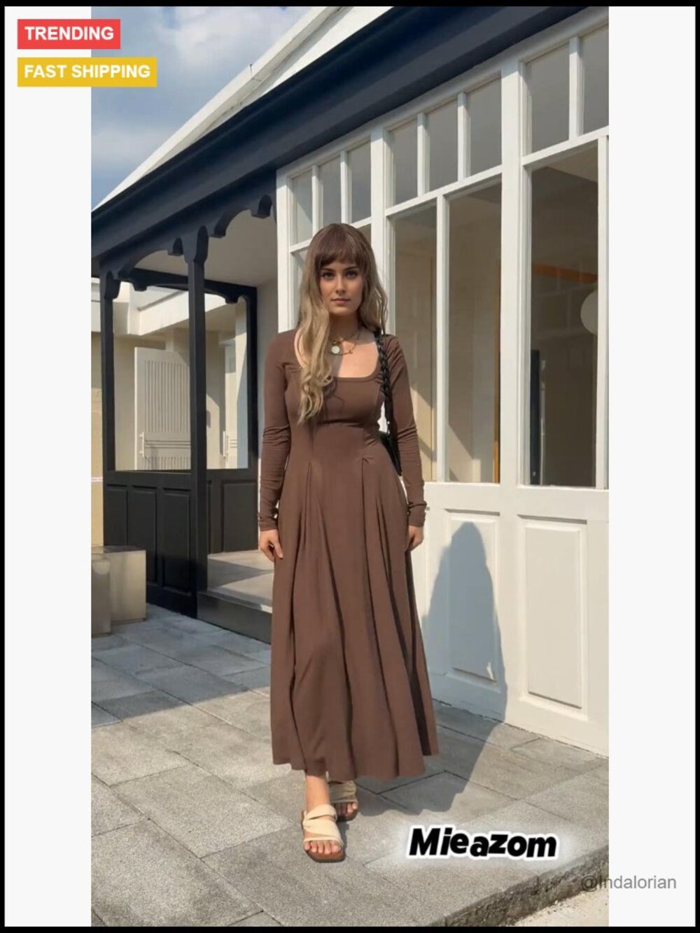Long Sleeve Square Neck Maxi Dress A-Line Pleated Flowy with Pockets - Picture 6 of 6